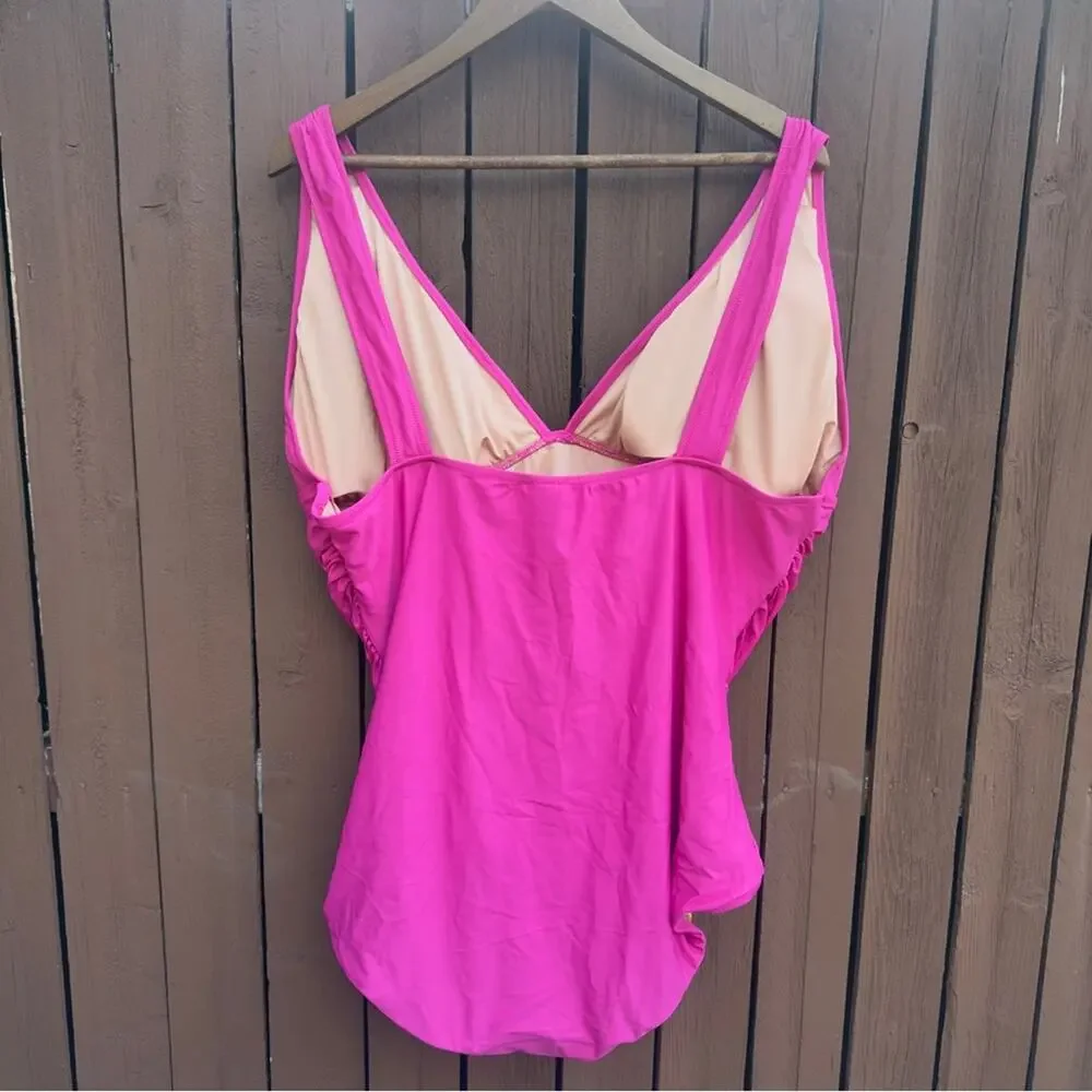 J. Crew | NWT Size 24 Ruched V Neck One Piece Fuchsia Bathing Suit Style BC116